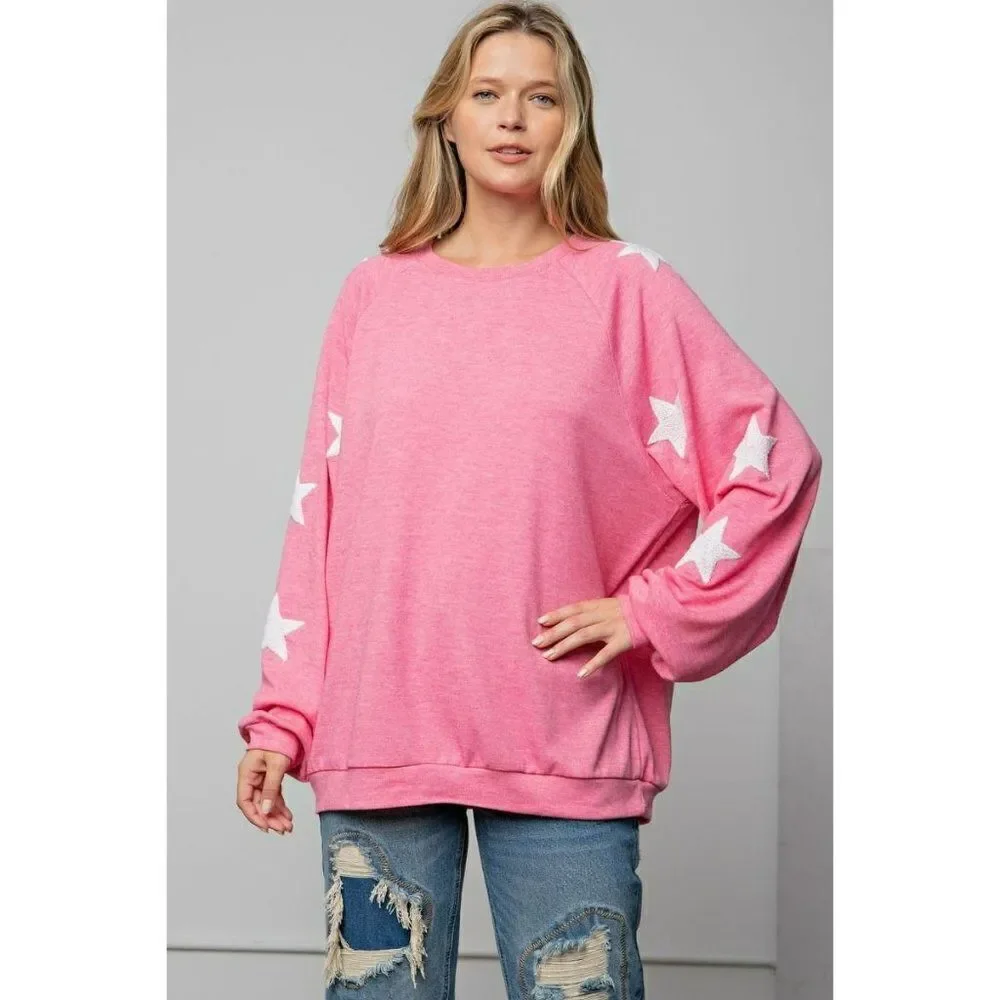 Easel Clothing Ultra Soft Hacci Pullover Star Print Slouchy Barbie Pink ET10831 - Picture 1 of 5